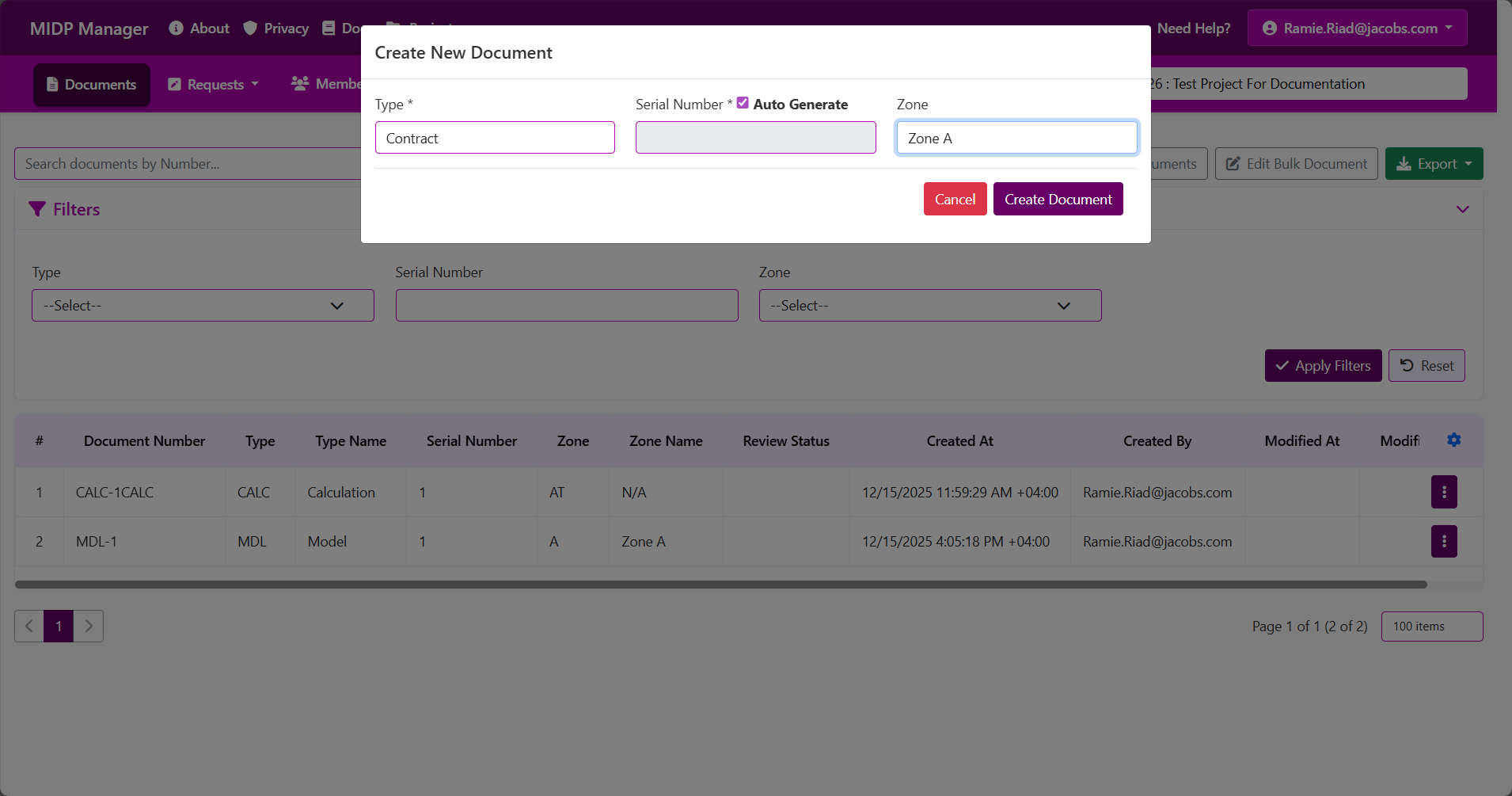 Create Document form