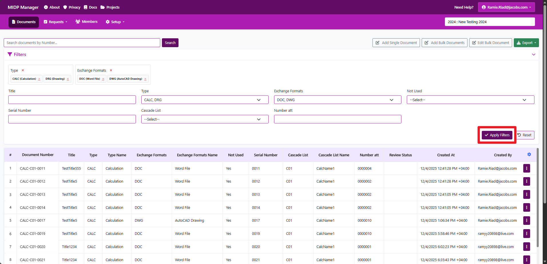 Documents table showing filtered results with active filters visible